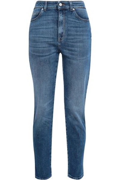 Shop Alexander Mcqueen Embroidered High-rise Slim-leg Jeans In Mid Denim