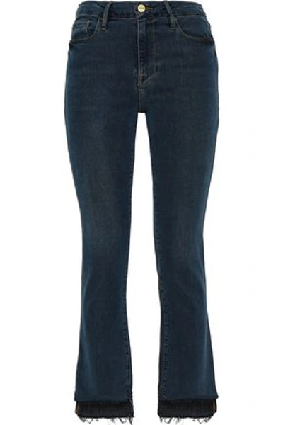 Shop Frame Woman Cropped Frayed High-rise Bootcut Jeans Dark Denim
