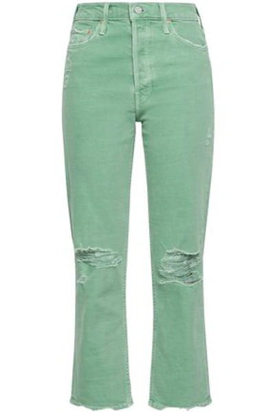 Shop Mother Woman Distressed High-rise Straight-leg Jeans Mint