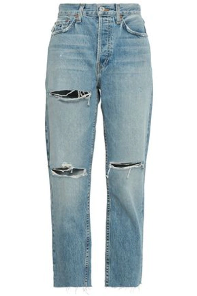 Shop Re/done Woman Cropped Distressed High-rise Straight-leg Jeans Light Denim