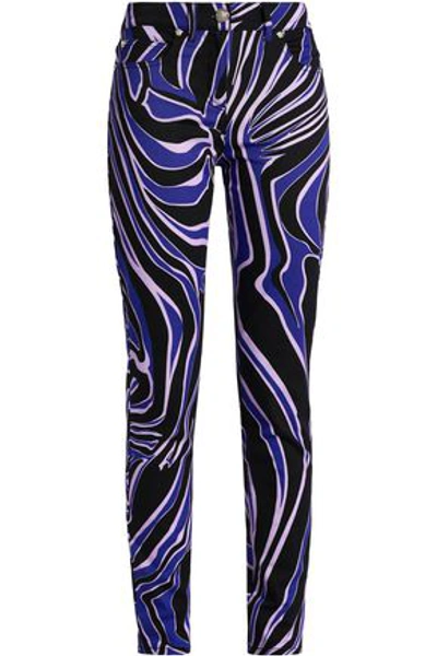 Shop Versace Printed Cotton-blend Twill Skinny Jeans In Black