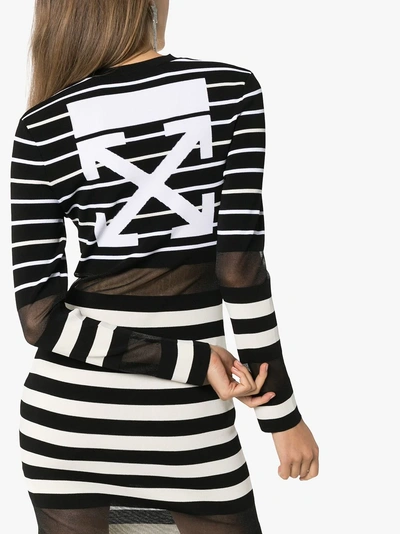 Shop Off-white Mesh Panel Stripe Print Mini Dress In Black/white