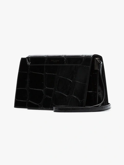 Shop Saint Laurent Black Catherine Croc Print Patent Leather Shoulder Bag In 1000 -  Black