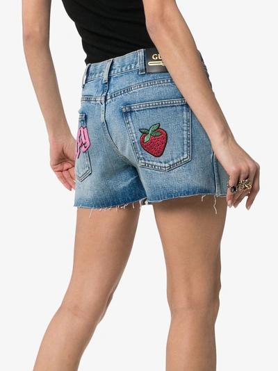 Shop Gucci Denim Strawberry Patch Shorts In 4206 Blue