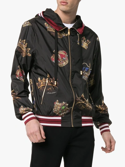 Shop Dolce & Gabbana Crown Print Hooded Track Jacket In Hnv93 Black