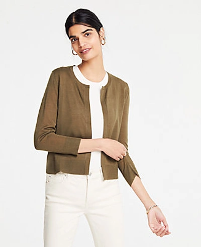 Shop Ann Taylor Cropped Open Cardigan In Khaki Moss