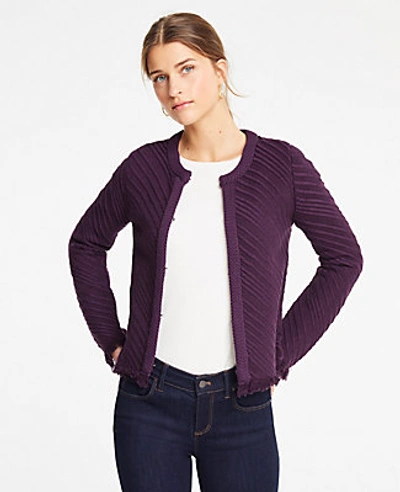 Shop Ann Taylor Stitched Fringe Sweater Jacket In Winter Violet