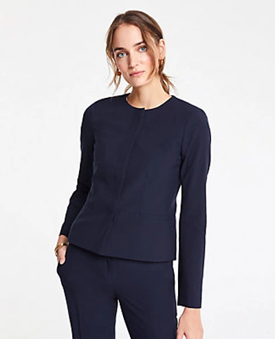 Shop Ann Taylor The Petite Crewneck Jacket In Seasonless Stretch In Perfect Navy