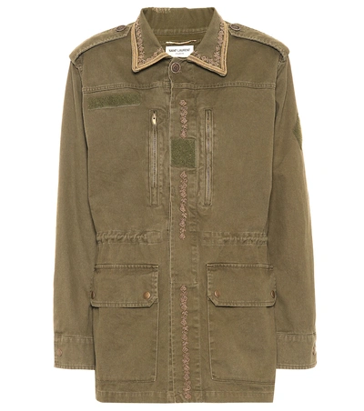 Shop Saint Laurent Embroidered Cotton-blend Jacket In Green