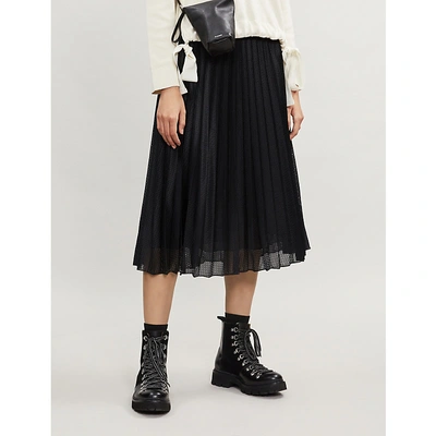 Shop Moncler High-waist Pleated Perforated Stretch-jersey Midi Skirt In Black