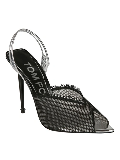 Shop Tom Ford Net Slingback Sandals In Black/pale Silver