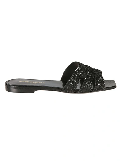 Shop Saint Laurent Glitter Detailed Flat Sandals In Black/glit Black