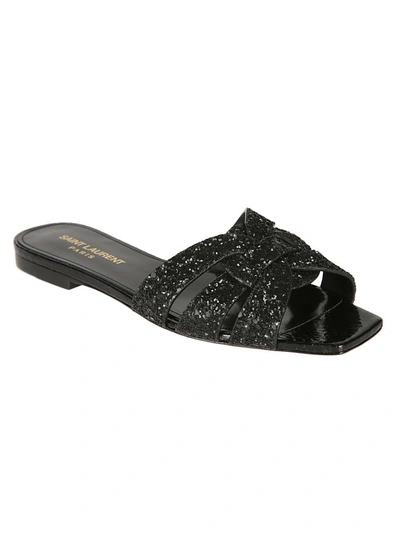 Shop Saint Laurent Glitter Detailed Flat Sandals In Black/glit Black