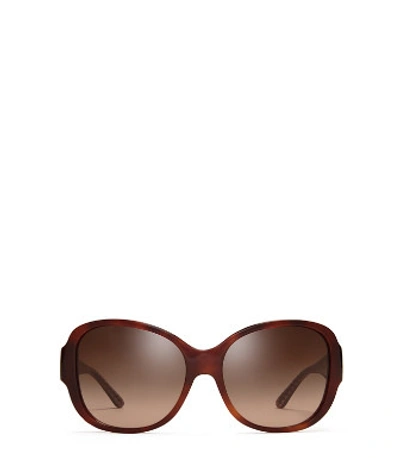 Shop Tory Burch Stacked-t Square Sunglasses In Tortoise/orange Zig