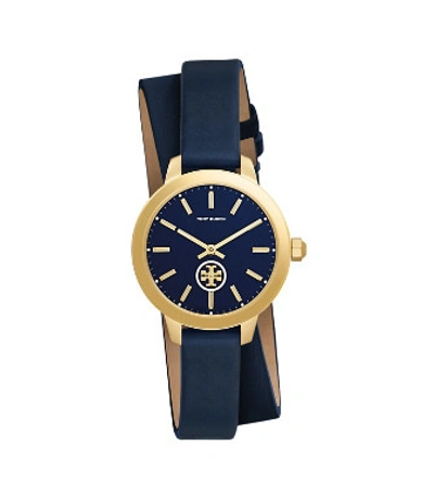 Shop Tory Burch Collins Watch Double-wrap, Navy/gold Leather/stainless Steel, 32 Mm