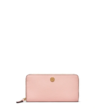 Shop Tory Burch Robinson Zip Continental Wallet In Pale Apricot / Royal Navy