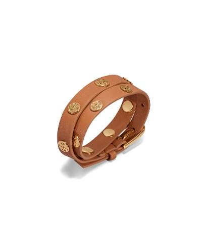 Shop Tory Burch Double-wrap Logo Stud Bracelet In Aged Vachetta/tory Gold