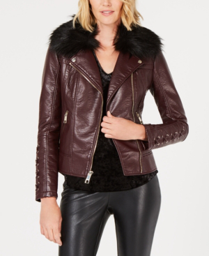 guess leather jacket with faux fur collar