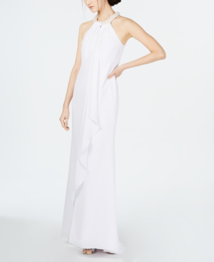 Calvin Klein Imitation Pearl Halter Neck Ruffle Gown In White Modesens