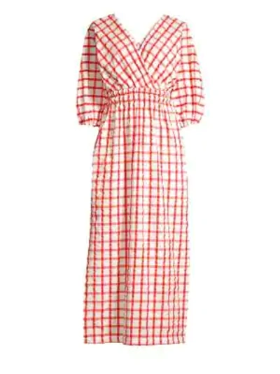 Shop Mara Hoffman Nami Check Cover-up Dress In White Red