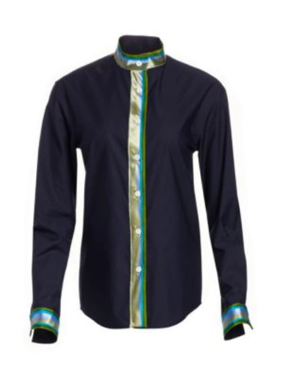 Shop Rosie Assoulin Multicolored Striped Trim Button-down Shirt In Dark Navy