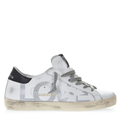 Shop Golden Goose White Sneakers Love Print In Leather In White/silver