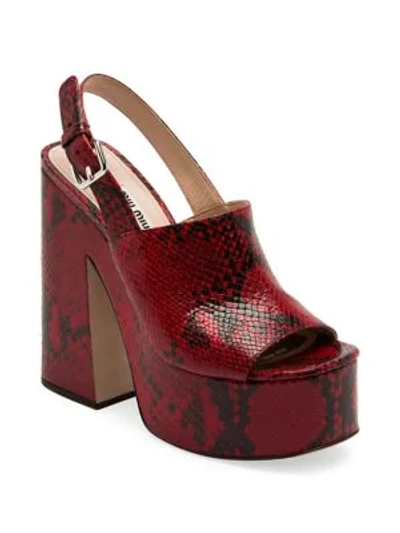 Shop Miu Miu Snakeskin-embossed Leather Platform Slingback Sandals In Red
