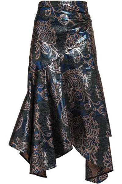 Shop Peter Pilotto Woman Ruched Metallic-jacquard Midi Skirt Navy