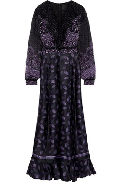 Shop Anna Sui Woman Lace-up Printed Fil Coupé Chiffon And Silk-blend Satin Maxi Dress Black