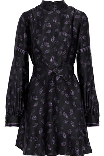 Shop Anna Sui Belted Printed Silk-satin Mini Dress In Black