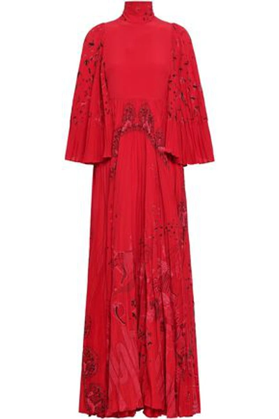 Shop Valentino Pleated Printed Silk Crepe De Chine Maxi Dress In Red