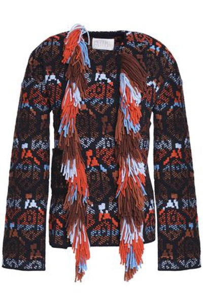 Shop Peter Pilotto Woman Fringed Embellished Wool-jacquard Jacket Navy
