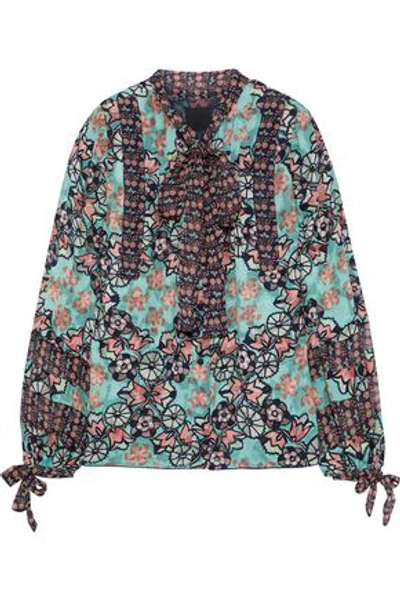 Shop Anna Sui Woman Pussy-bow Printed Fil Coupé Silk-blend Shirt Mint