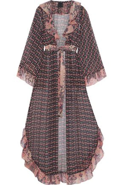 Shop Anna Sui Woman Metallic Ruffle-trimmed Printed Silk-chiffon Kimono Navy