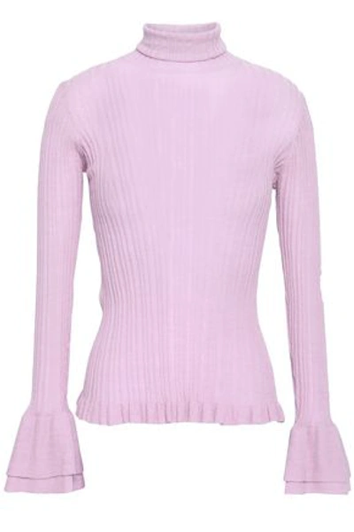 Shop Cinq À Sept Woman Ribbed Cotton-blend Turtleneck Sweater Lilac