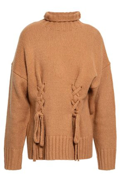 Shop Cinq À Sept Lace-up Wool-blend Turtleneck Sweater In Light Brown