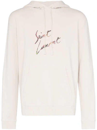 Shop Saint Laurent Logo Print Hooded Cotton Jumper - Neutrals