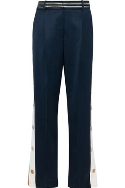 Shop Peter Pilotto Snap-detailed Striped Stretch-wool Straight-leg Pants In Navy