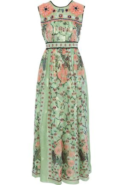 Shop Anna Sui Woman Embellished Pleated Printed Fil Coupé Silk-blend Maxi Dress Sage Green