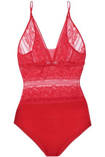 Shop Stella Mccartney Woman Ophelia Whistling Lace And Stretch-jersey Bodysuit Red