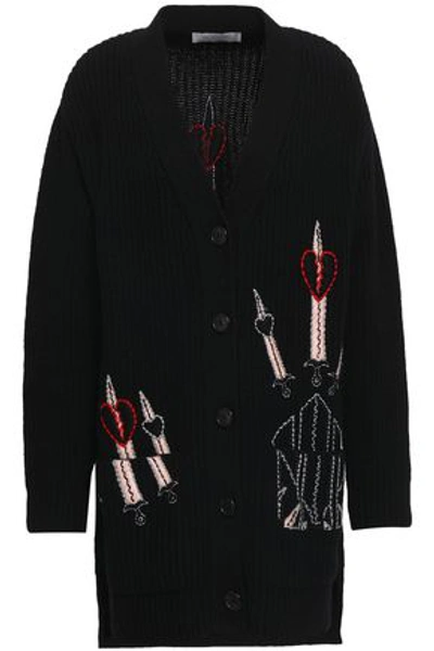 Shop Valentino Woman Embellished Ribbed Wool And Cashmere-blend Cardigan Black