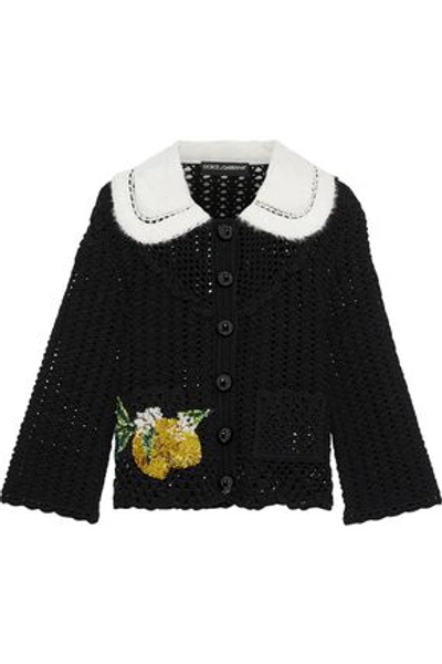 Shop Dolce & Gabbana Shearling-paneled Embellished Crocheted Cotton Cardigan In Black