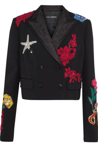 Shop Dolce & Gabbana Cropped Appliquéd Wool-blend Blazer In Black