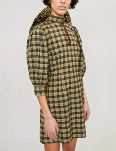 Shop Ganni Charron Checked Cotton-blend Dress In Aloe