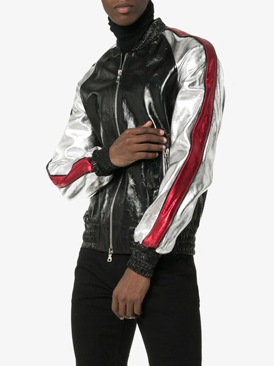 Shop Balmain Contrast Sleeve Leather Bomber Jacket In Black