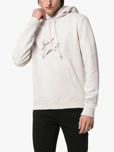 Shop Saint Laurent Logo Print Hooded Cotton Jumper In Neutrals