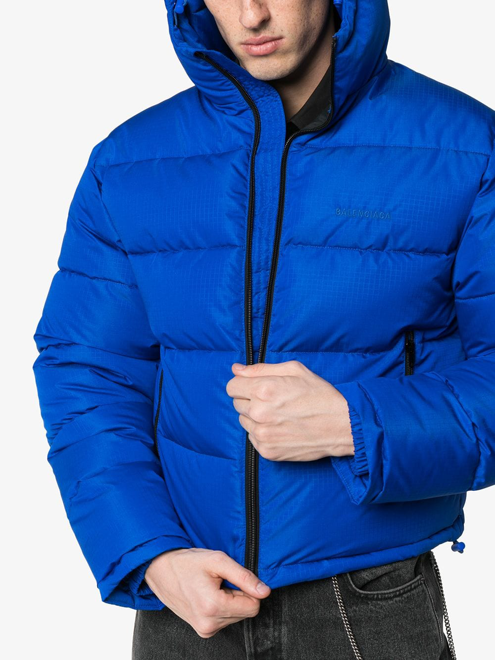 Balenciaga Cropped Hooded Puffer Jacket In Blue | ModeSens