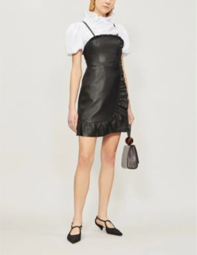 Shop Alexa Chung Ruffle-trimmed Leather Mini Dress In Black