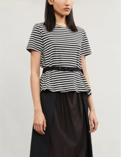 Shop Moncler Elasticated-waist Striped Stretch-cotton T-shirt In Black White