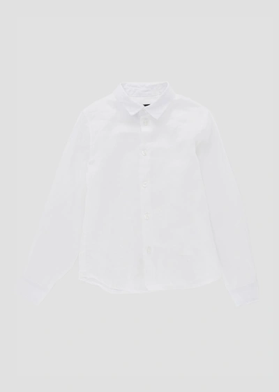 Shop Emporio Armani Official Store Linen Shirt With Eagle Embroidery In White